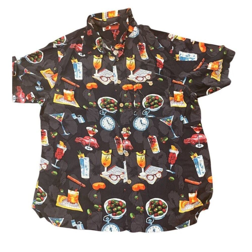 Junction West Hawaiian Shirt Mens XL Black Cars Martini Olives Rayon Button Up